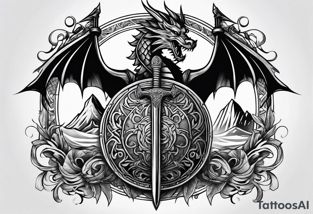 Valhalla sword shield dragon axe viking 
ship tattoo idea