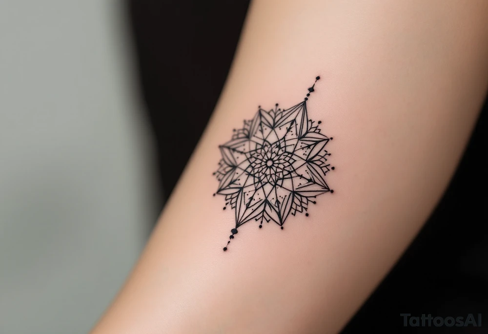 simple, minimalist tattoo, sacred geometry mandala, centerpiece design, dotwork patterns, radiating geometry, symmetrical mandala, geometric shapes, intricate dotwork, sacred patterns, mandala center, geometric radiating, fine line work, black grey shading, minimalist design, no outlines, arm placement, delicate linework, precise geometry, clean symmetry, sacred symbols, geometric precision, dotwork details, mandala focal point, refined patterns, understated complexity, geometric harmony, minimalist tattoo idea