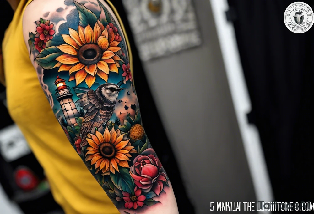 A lower forearm sleeve full colour coming down from a bicep with flowers joined with honeycombs, Mandela flowers, sunflowers, humming bird, and owl.  Lighthouse. tattoo idea