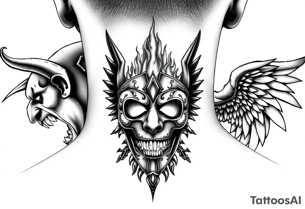 Realistic neck tattoo design. On one side, near one ear, a screaming demon facing inward. On the other side, near the other ear, a screaming angel facing the demon. Between them, in the center of the front neck, a cracked ancient mask with fire and light emerging from inside, symbolizing inner conflict and balance between good and evil. Highly detailed black and grey style, fine line shading, symmetrical, intense emotion, realistic texture. tattoo idea