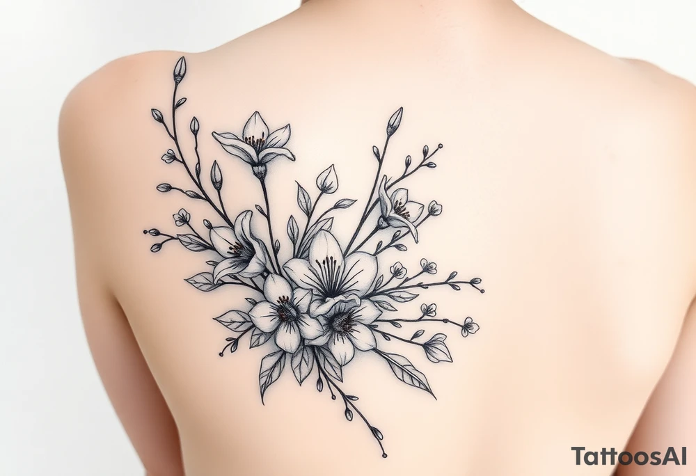 spider lily plants with cherry blossoms in a floral wrap on the arm tattoo idea