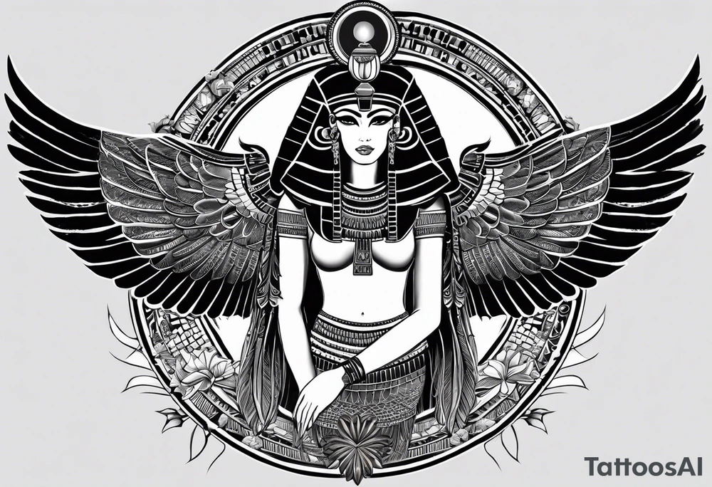 black and white Egyptian goddess Isis, who is often depicted as a woman with outstretched wings, holding an ankh (a symbol of life) in one hand and a lotus flower in the other. Her headdress often includes a throne or a solar disk. The tattoo design can vary in style and size, but it typically aims to capture the essence of this revered Egyptian deity, emphasizing her beauty, power, and maternal qualities. The choice of colors and additional elements can also be customized to create a unique and visually striking representation of the goddess Isis tattoo idea