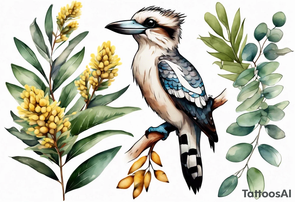 Cartoon kookaburra sitting on wattle and eucalyptus leaves tattoo idea
