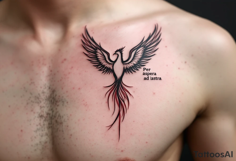 Inked in crimson and charcoal, this tattoo pairs the Latin phrase "Per aspera ad astra" with a rising phoenix, evoking triumph through pain. tattoo idea