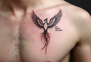 Inked in crimson and charcoal, this tattoo pairs the Latin phrase "Per aspera ad astra" with a rising phoenix, evoking triumph through pain. tattoo idea