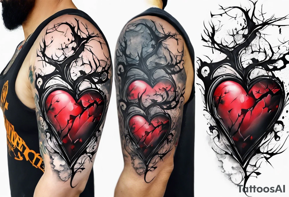 Arm sleeve depicting broken heart, pain suffering and loneliness  darkness tattoo idea