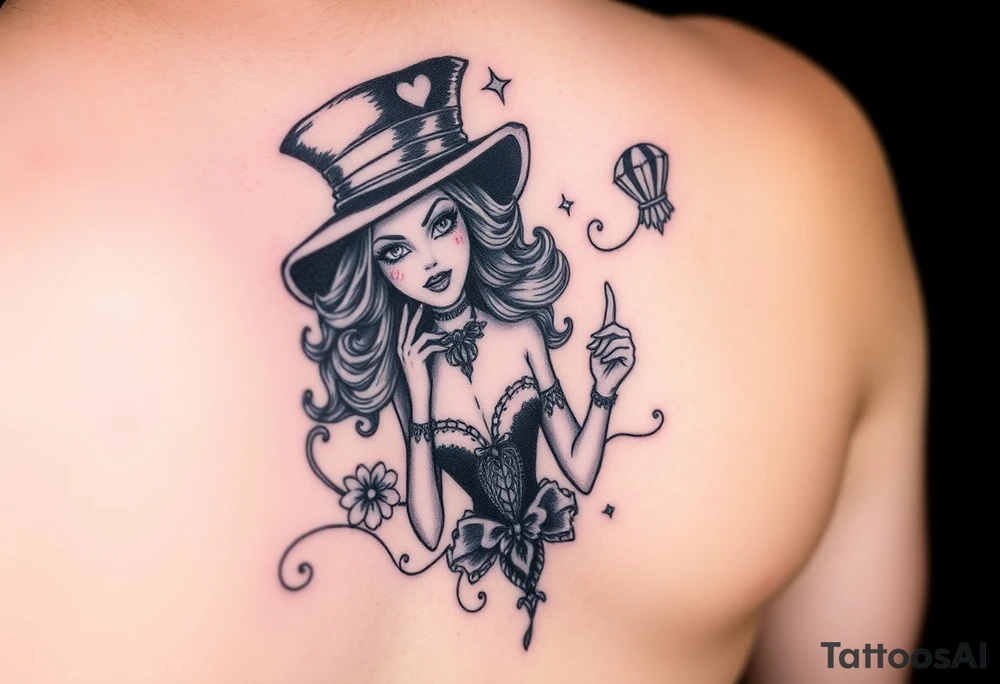 Trippy colorful tea party mad hatter feminine tattoo idea