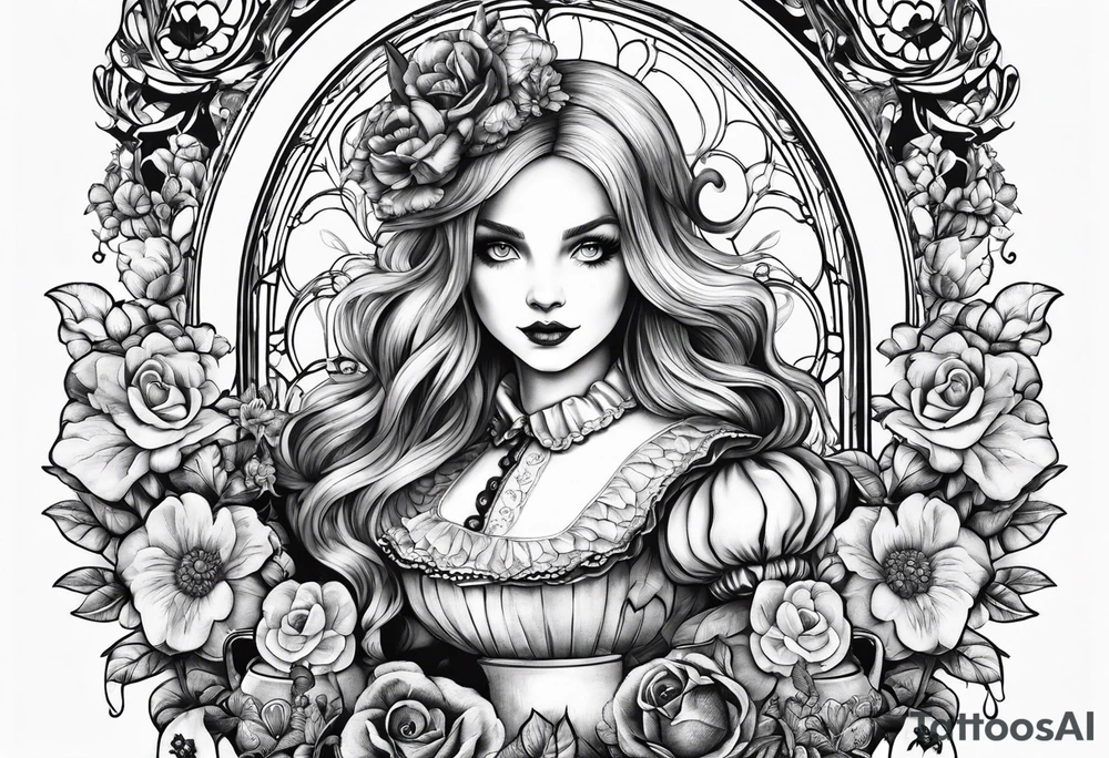Alice in wonderland through a looking glass with flowers everywhere tattoo idea