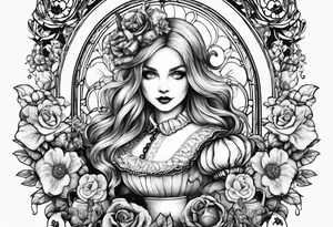 Alice in wonderland through a looking glass with flowers everywhere tattoo idea