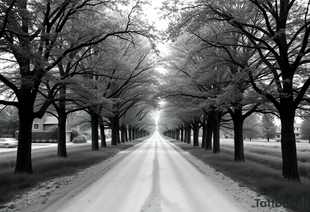 Tree-lined dirt road. Road is rough, little shoulder. Deciduous trees arch across it, meeting in the middle. 

Road should be rougher, more rural. Branches start lower. The trees in the foreground should be bigger — perspective has road getting smaller. 

Make the trees leafier. Branches begin lower on the trunk. 

Much leafier trees. Summer. Can’t see much behind the trees tattoo idea