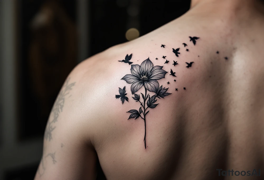 A wood violet blowing in the wind with pedals floating away turning into birds tattoo idea