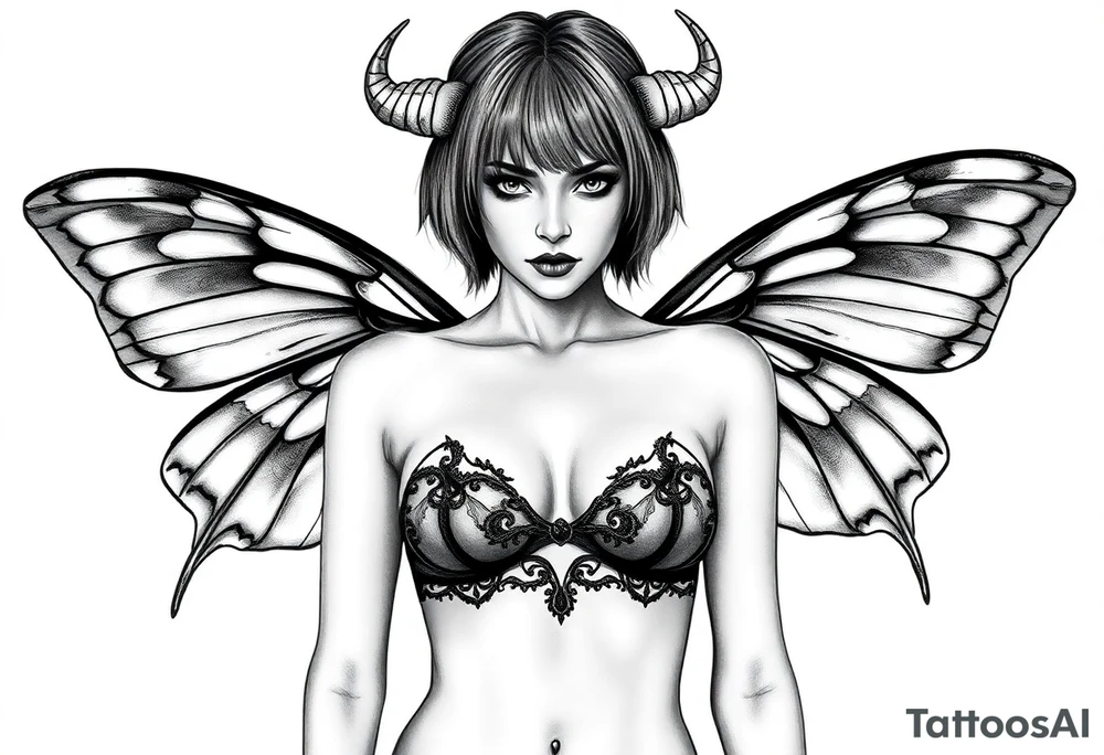 A powerful extremely sexy depiction of a start date with angel wings resembling that of a lunar moth and horns resembling the moths antennas with the son of of her head as if a Halo with two crescent men's off to each side full frontal nude with exotic see through lingerie with a sensual enticing glare short hair length of approximately 8 inches realistic tattoo idea