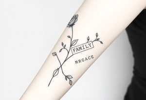 Rose on hand with vine wrapping around arm coming across to peck with family’s name on my peck in crossword tattoo idea