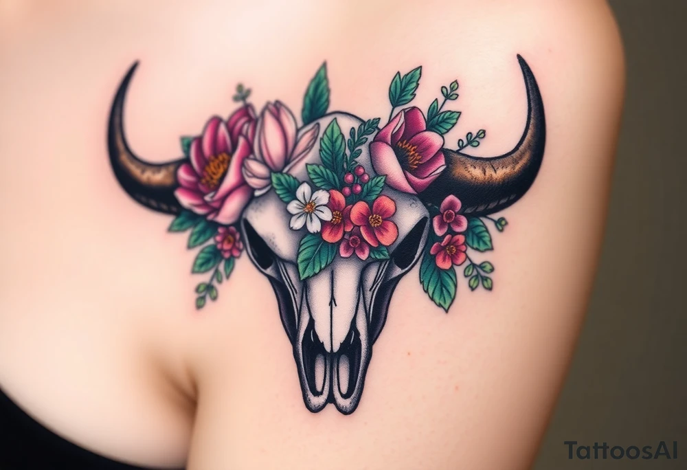 Buffalo or bison skull with flowers. Peony, snowdrop, holly with berries, larkspur, peony. Colour. For upper arm or shoulder. Masculin. tattoo idea
