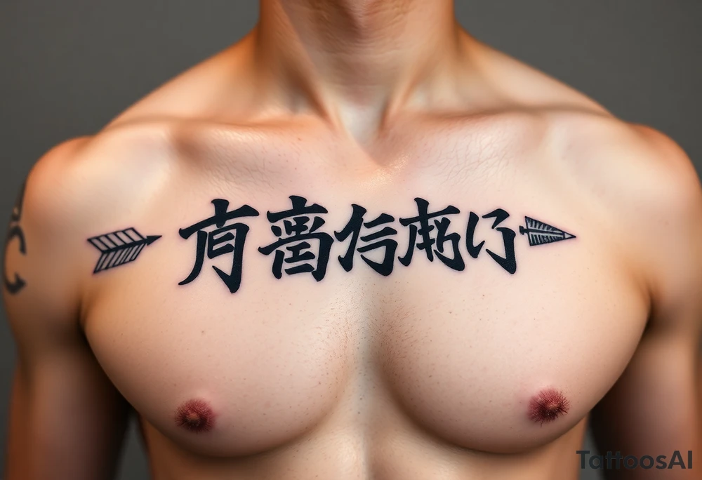 japanese text on chest with arrow tattoo idea