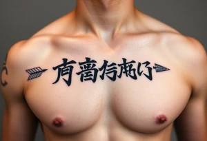japanese text on chest with arrow tattoo idea