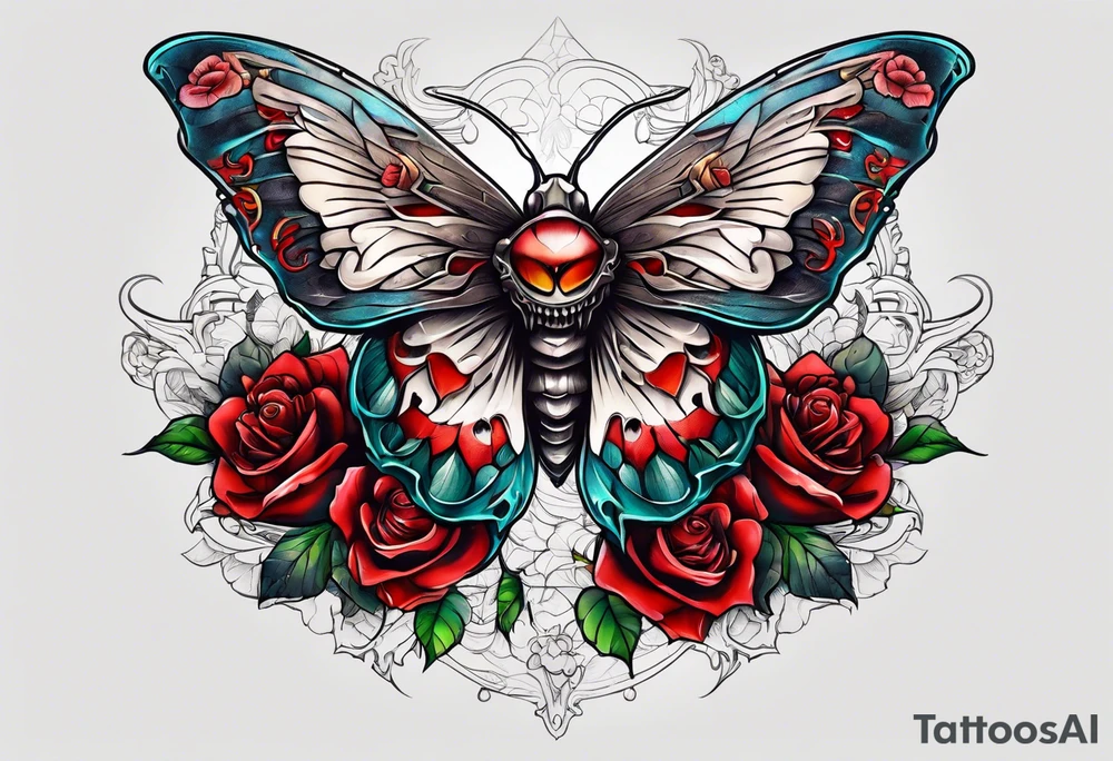 Moth with skull inside it and thorns and roses around it tattoo idea