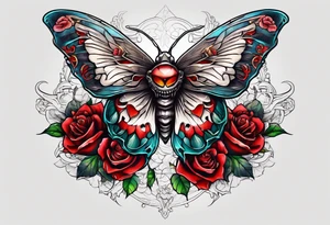 Moth with skull inside it and thorns and roses around it tattoo idea
