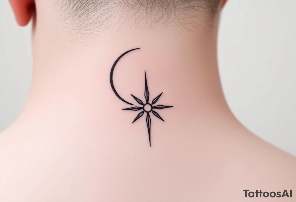 A minimalist crescent moon neck tattoo positioned just behind the ear. The crescent moon is thin and curves to the left. A sharp vertical line extends downward from the inner curve of the moon, intersecting with a symmetrical starburst shape at the center of the line. The starburst has four points — the top and bottom points are elongated, while the horizontal points are shorter, giving it a sleek and modern look. The design features clean, thin lines with a slightly hand-drawn feel, combining celestial and geometric elements. The tattoo follows the natural curve of the neck, giving it an elegant and balanced appearance. tattoo idea