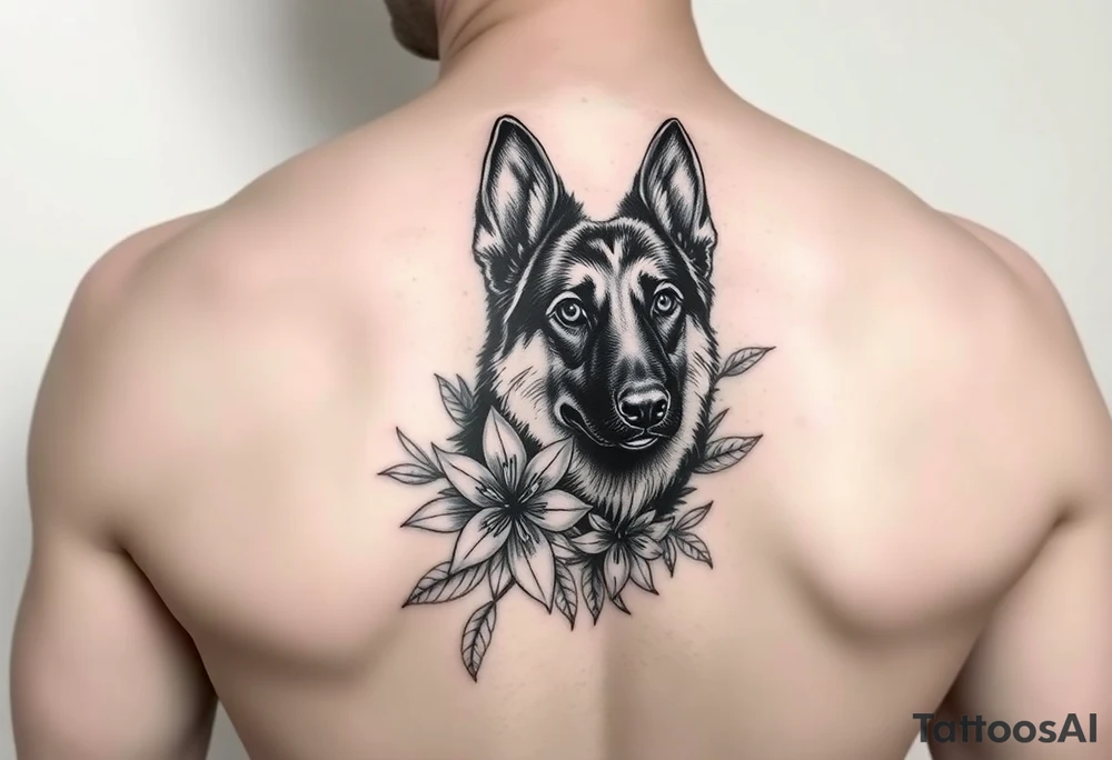short haired german shepherd floral lilies tattoo idea