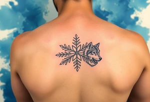 A white snowflake on Blue watercolor backround with two wolf siblings tattoo idea