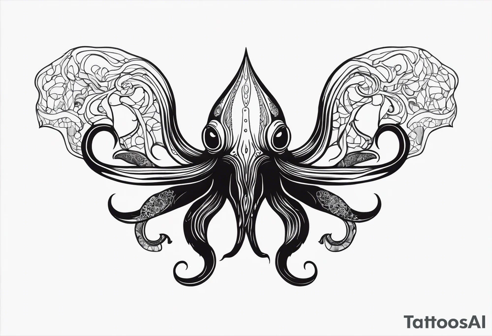 The horrifying squid hides itself in ink and turns the color of its body to black to blend into the sea tattoo idea