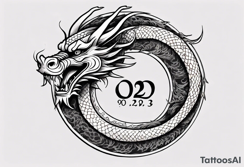 Chinese dragon in a circular shape with "02.03" written on its skin tattoo idea
