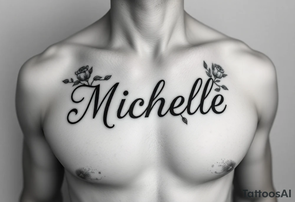 Create a tattoo on a man’s chest if a woman’s name Michelle. Place Ivy and small roses around the name tattoo idea
