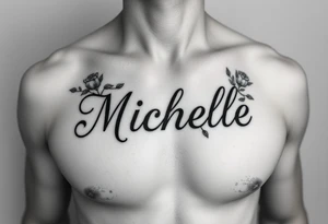 Create a tattoo on a man’s chest if a woman’s name Michelle. Place Ivy and small roses around the name tattoo idea
