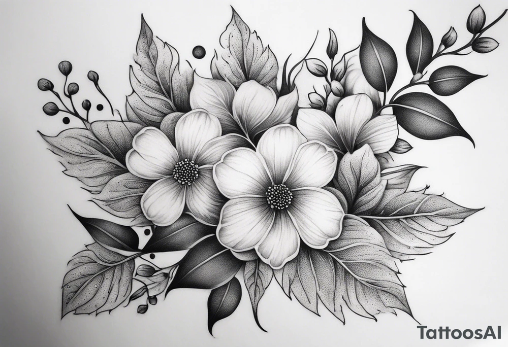 Design an ornamental tattoo featuring a single stem with delicate leaves and blossoms, using thin lines for a refined look. tattoo idea