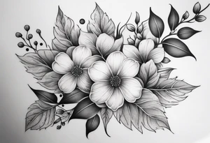 Design an ornamental tattoo featuring a single stem with delicate leaves and blossoms, using thin lines for a refined look. tattoo idea