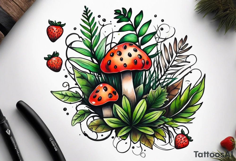 forest floor inspired minimalist tattoo, which includes grass, curly ferns and dead leaves as the bulk of the tattoo. details to include: three very tiny strawberries, a tiny bumblebee flying nearby, three small brown mushrooms tattoo idea