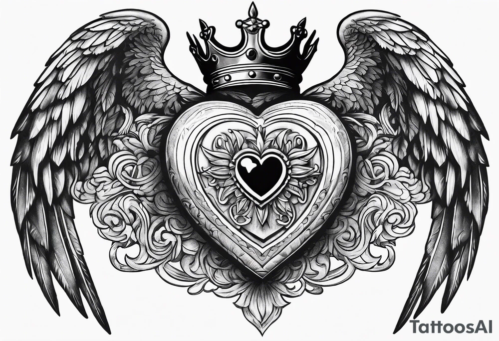 Heart, kings crown and wings tattoo idea