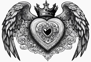Heart, kings crown and wings tattoo idea