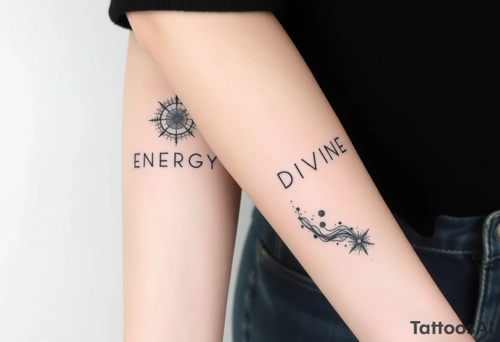 Two minimalist blackwork dotwork tattoos featuring the word ‘ENERGY’ on the left arm, balancing with ‘DIVINE’ on the right arm. Surrounding ‘ENERGY’ is a nebula or cosmic wind or stardust or a comet, designed with intricate dot shading and fine linework. The tattoo is realistic yet subtle, creating a cosmic, ethereal feel while keeping a clean, minimalist aesthetic. The elements flow naturally, complementing the shape of the arm without overpowering the text. tattoo idea