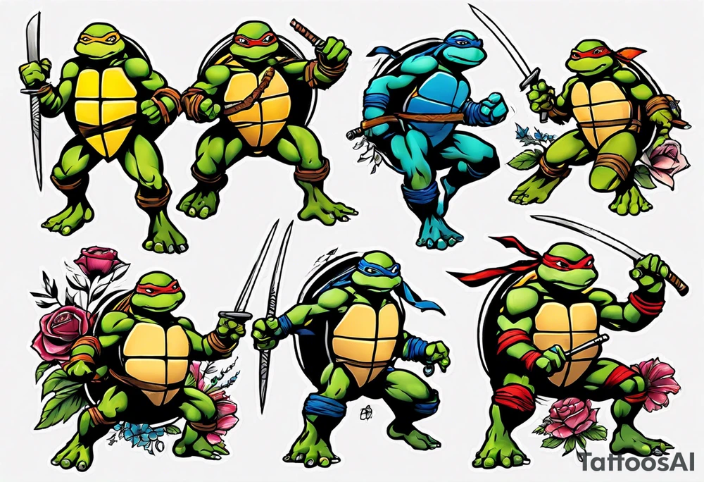 teenage mutant ninja turtles fighting with floral accents tattoo idea