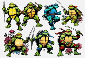 teenage mutant ninja turtles fighting with floral accents tattoo idea