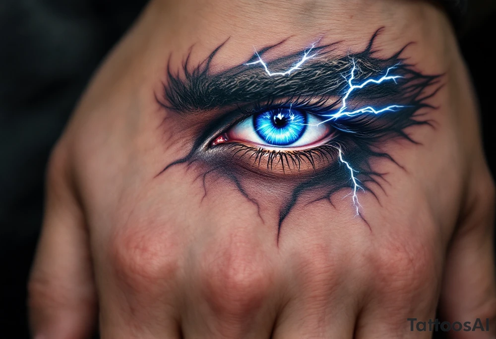 A close-up of Thor’s eye with lightning striking through the iris, in hyper-realism with bright blue and white highlights. tattoo idea