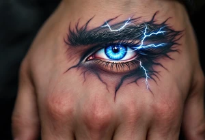 A close-up of Thor’s eye with lightning striking through the iris, in hyper-realism with bright blue and white highlights. tattoo idea