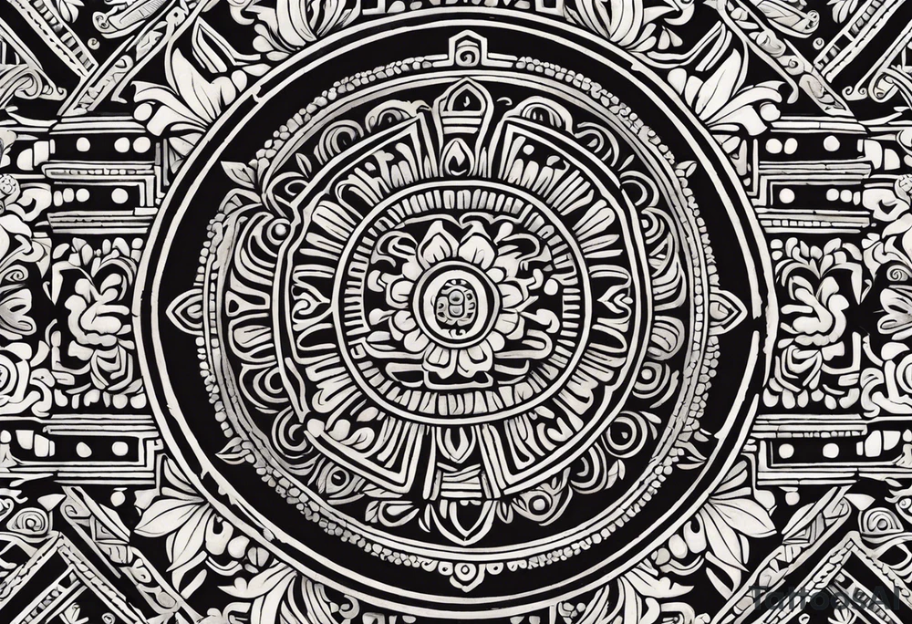 Create a masculine mayan tattoo design carved in stone featuring three flower buds of Gypsophila spp. The design should incorporate sharp, geometric patterns inspired by ancient Mayan glyphs and carvings, emphasizing strength and symmetry. The flower buds should be stylized with angular, bold lines, set within intricate, sacred Mayan motifs. The overall design should evoke harmony and balance, symbolizing the calming frequency of 432 Hz through symmetrical and flowing element tattoo idea