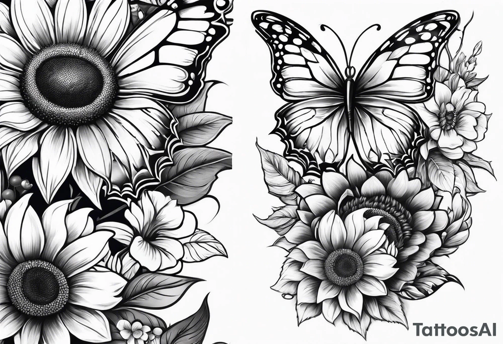 Sunflower and butterfly leg sleeve tattoo idea