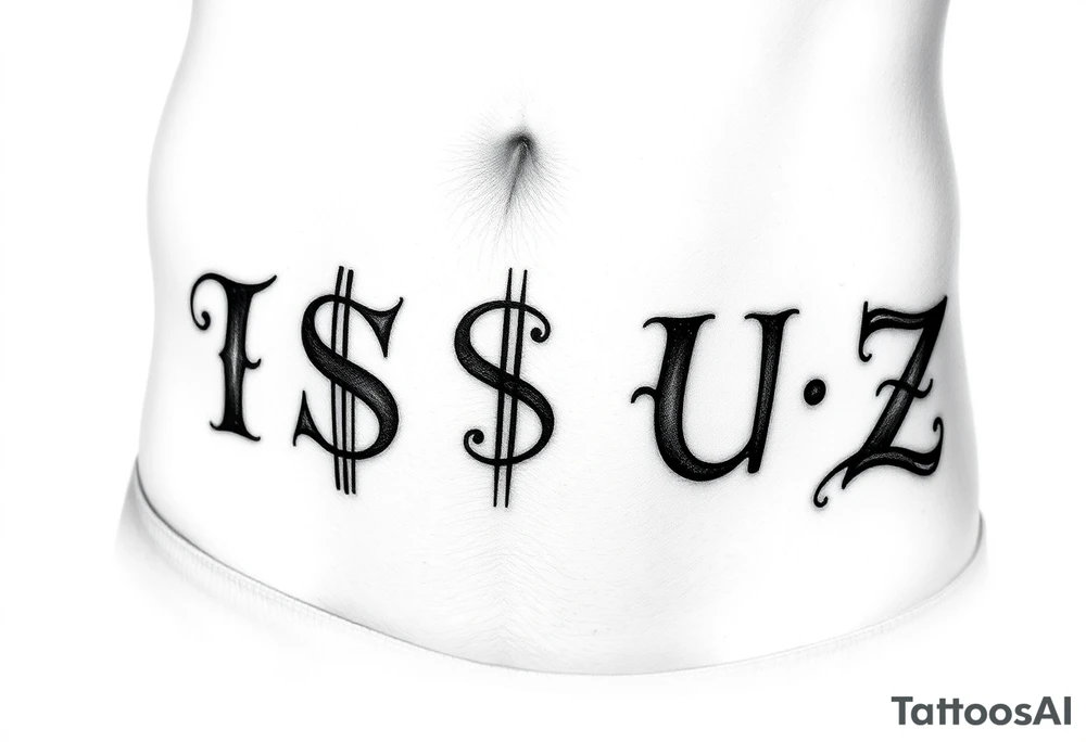 It'll be a large tattoo cross my stomach kind of arched like the old white trash tattoos you'd see like in the 90s. The word it's going to be I S $ U ə Z the second s is going to be money signed backwards the E is going to be backwards and kind of tilted more like like the Internet Explorer e or maybe it's Intel or something like that these going to be lowercase and backwards kind of tilted tattoo idea