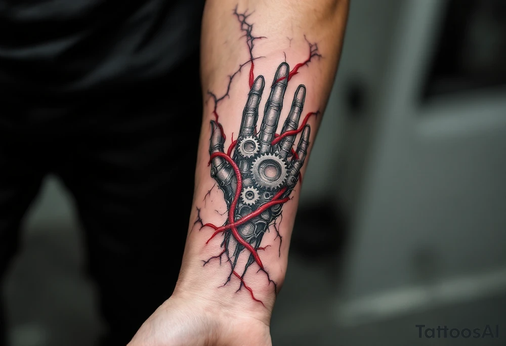 A biomechanical hand tattoo with silver gears and red hydraulic tubes woven through torn skin. tattoo idea