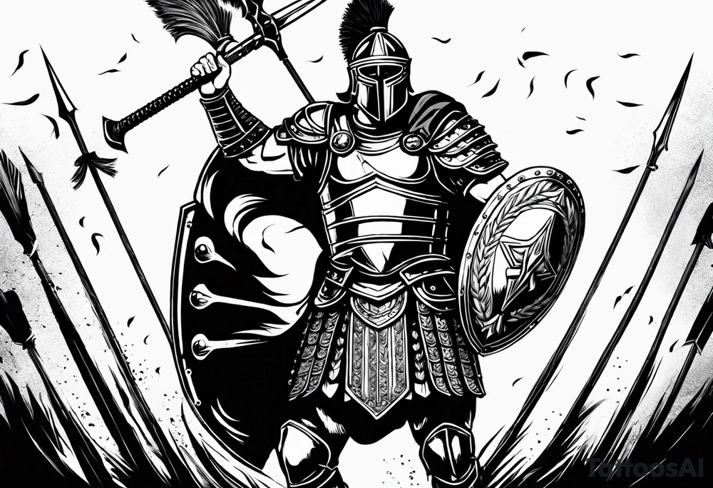 high quality black and white illustration, full body image, a strong tall roman centurion, wearing armour, wearing a belt, wearing a metal breastplate, holding a large shield, wearing a helmet, holding a sword. Flaming arrows are being fired at the centurion, he is blocking the arrows with his shield tattoo idea