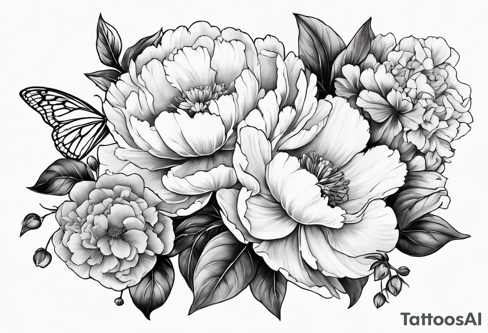 Vibrant peony with hydrangea and petunias foliage and a bee tattoo idea