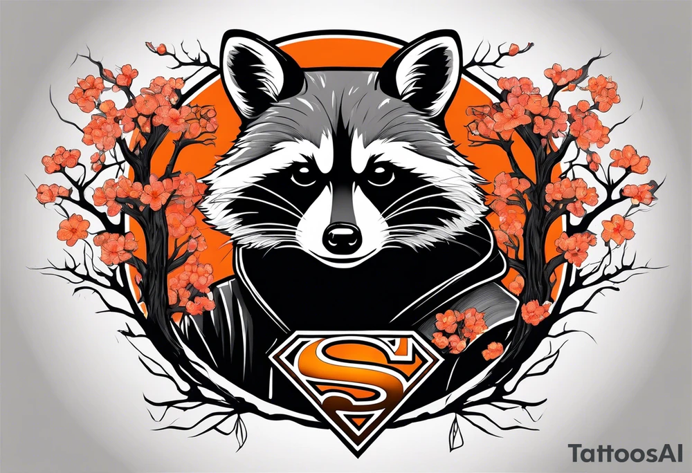 Raccoon wearing a white Superman logo on a black hoodie and orange Japanese cherry blossoms tattoo idea