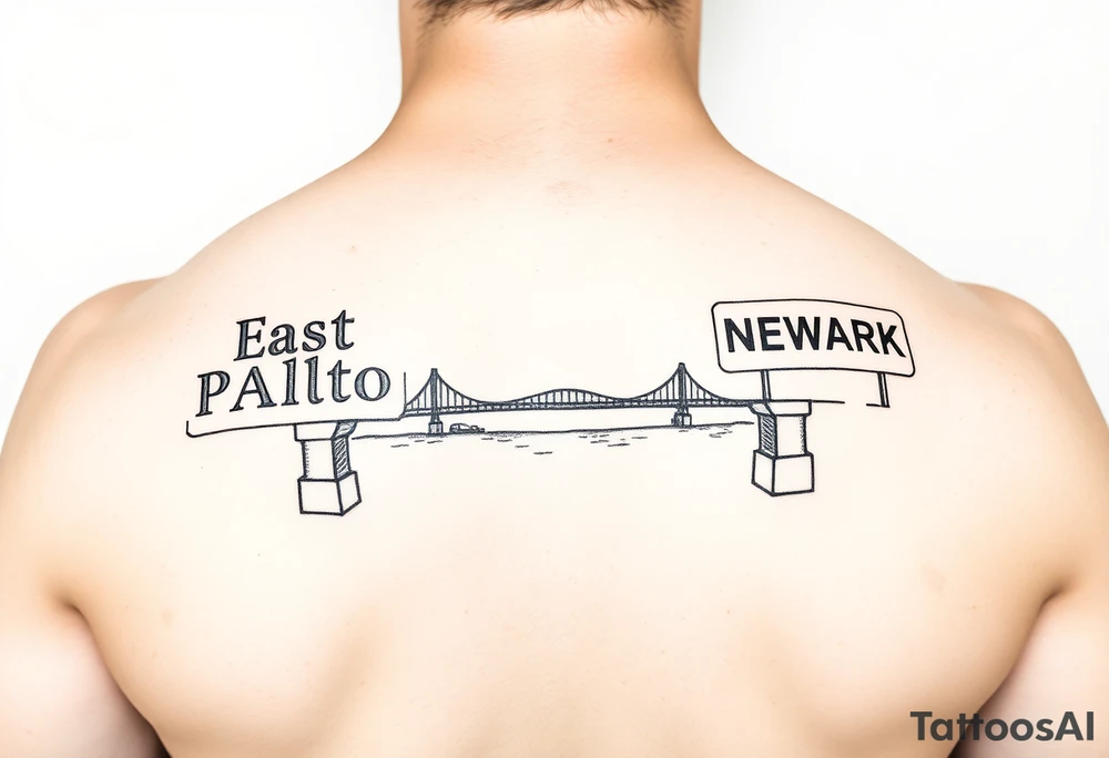 East Palo Alto city sign and Newark city sign on opposite sides of a bridge going across water in California tattoo idea