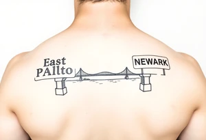 East Palo Alto city sign and Newark city sign on opposite sides of a bridge going across water in California tattoo idea