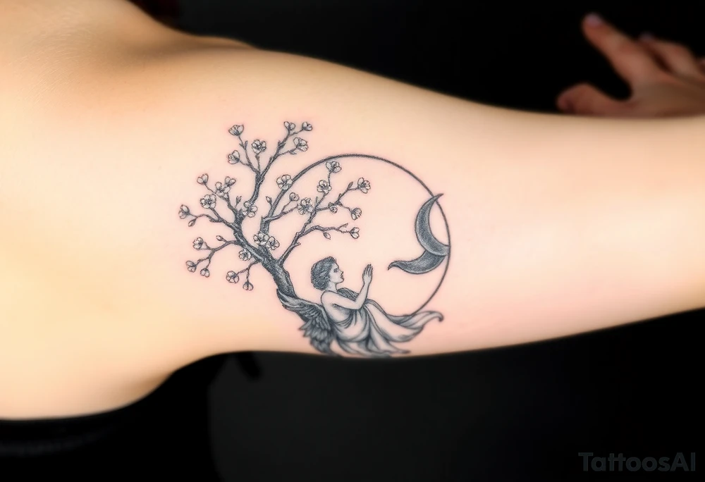 the sun or the moon being wrapped w cherry blossom tree with an angel laying on the moon or lookin at the sun holding its hand out tattoo idea