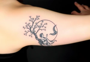 the sun or the moon being wrapped w cherry blossom tree with an angel laying on the moon or lookin at the sun holding its hand out tattoo idea